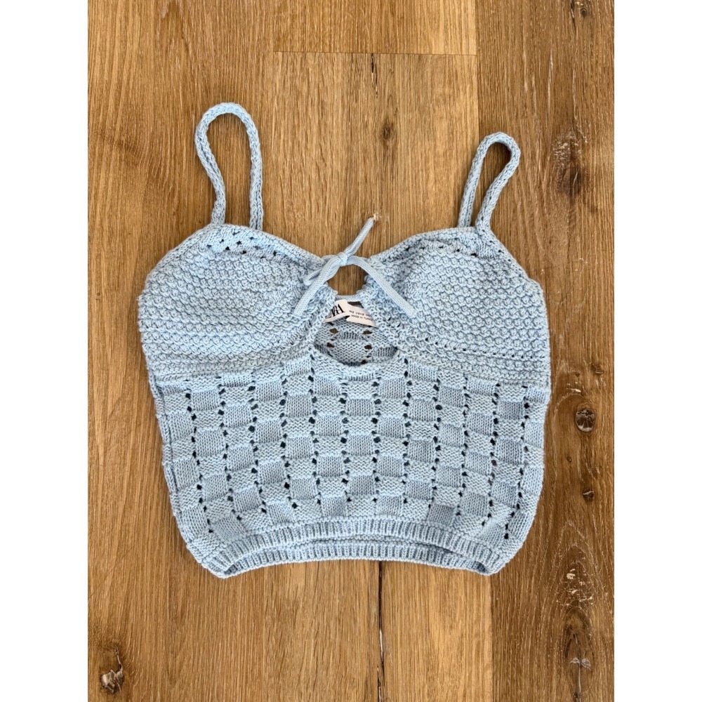 Zara Knit Tie Front Keyhole Cami Women S Blue Crochet Style Cropped Cottagecore